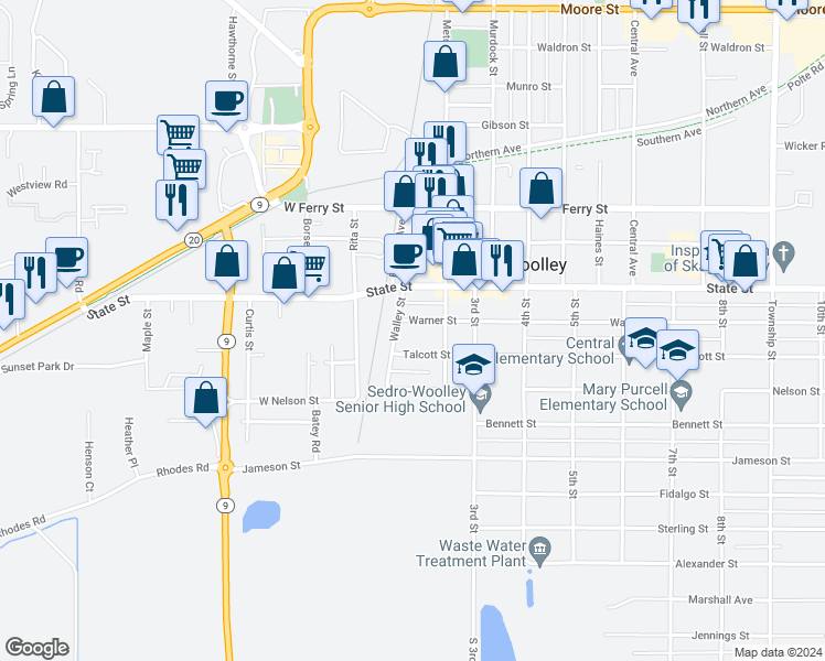 map of restaurants, bars, coffee shops, grocery stores, and more near 130 Warner Street in Sedro-Woolley