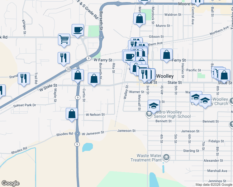 map of restaurants, bars, coffee shops, grocery stores, and more near 201 West State Street in Sedro-Woolley