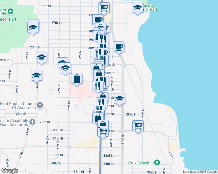 map of restaurants, bars, coffee shops, grocery stores, and more near 901 24th Street in Anacortes