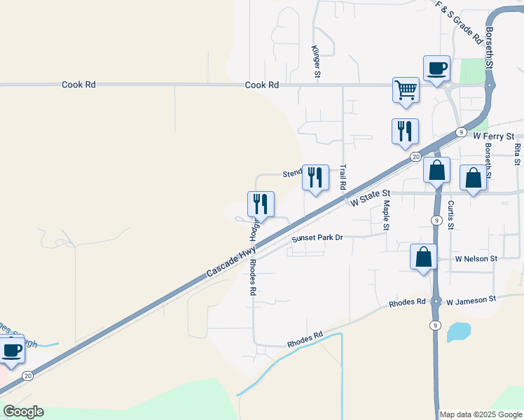 map of restaurants, bars, coffee shops, grocery stores, and more near 895 Hodgin Street in Sedro-Woolley