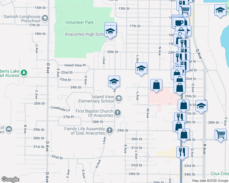 map of restaurants, bars, coffee shops, grocery stores, and more near 2410 J Avenue in Anacortes