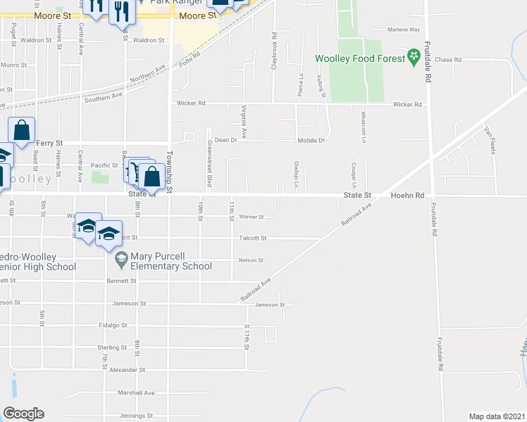 map of restaurants, bars, coffee shops, grocery stores, and more near 1210 Warner Street in Sedro-Woolley