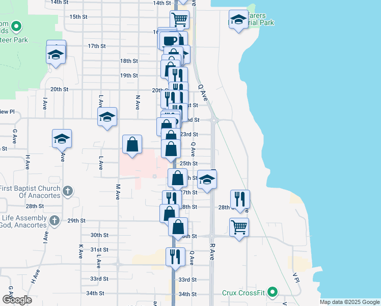 map of restaurants, bars, coffee shops, grocery stores, and more near 901 24th Street in Anacortes
