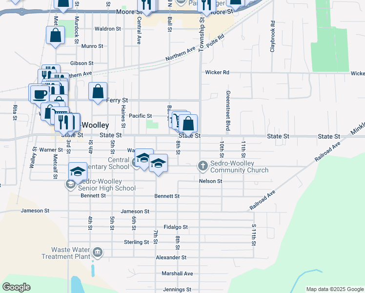 map of restaurants, bars, coffee shops, grocery stores, and more near 808 Warner Street in Sedro-Woolley