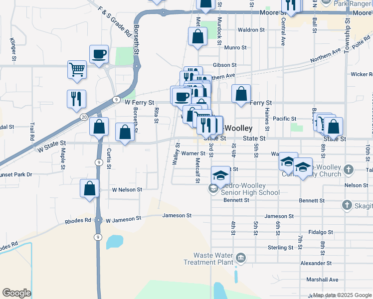 map of restaurants, bars, coffee shops, grocery stores, and more near 130 Warner Street in Sedro-Woolley