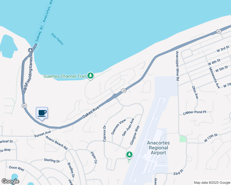 map of restaurants, bars, coffee shops, grocery stores, and more near 4519 Schooner Drive in Anacortes