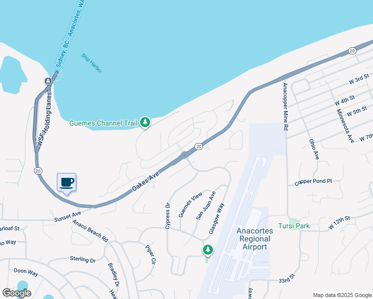 map of restaurants, bars, coffee shops, grocery stores, and more near 4519 Schooner Drive in Anacortes