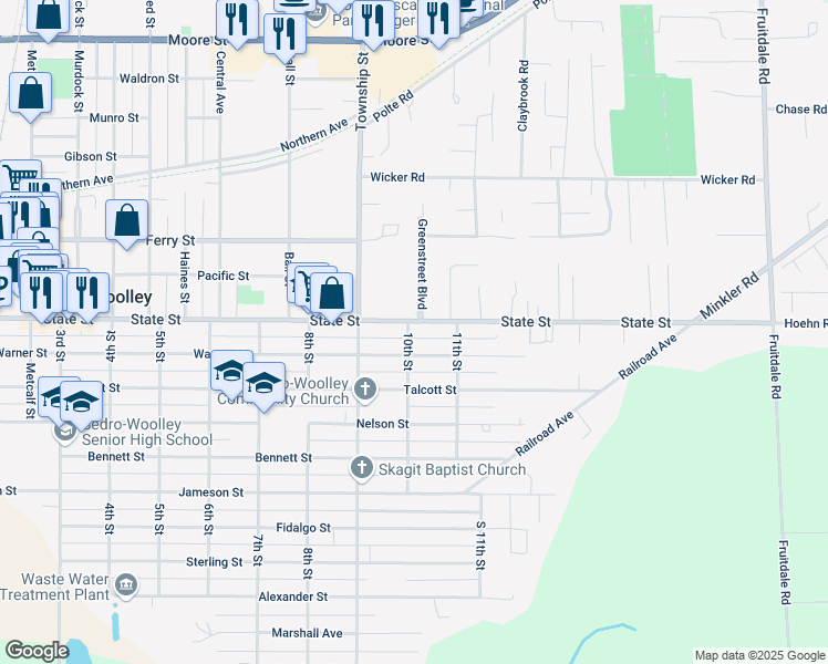 map of restaurants, bars, coffee shops, grocery stores, and more near 1001 State Street in Sedro-Woolley