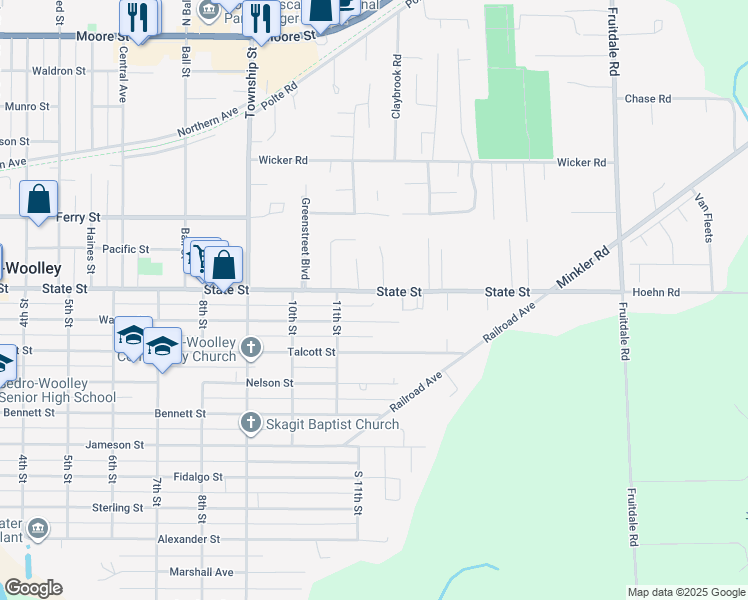 map of restaurants, bars, coffee shops, grocery stores, and more near 1210 Warner Street in Sedro-Woolley