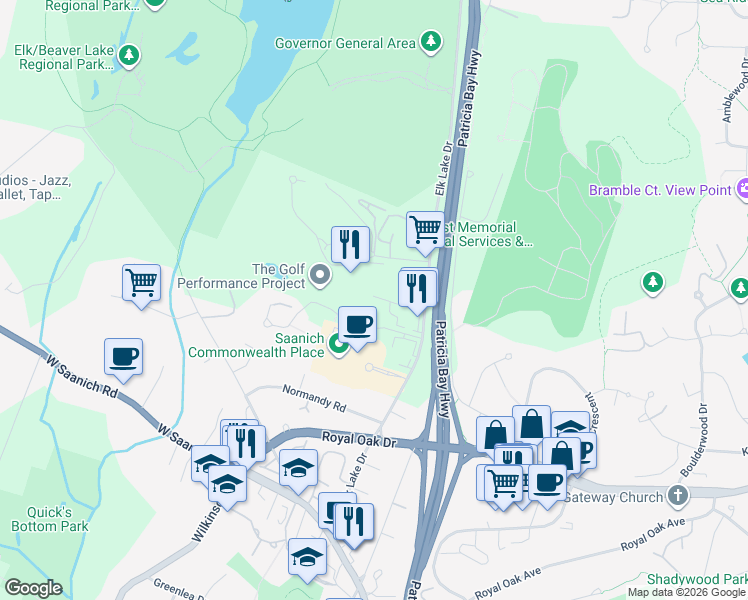 map of restaurants, bars, coffee shops, grocery stores, and more near 4678 Elk Lake Drive in Victoria