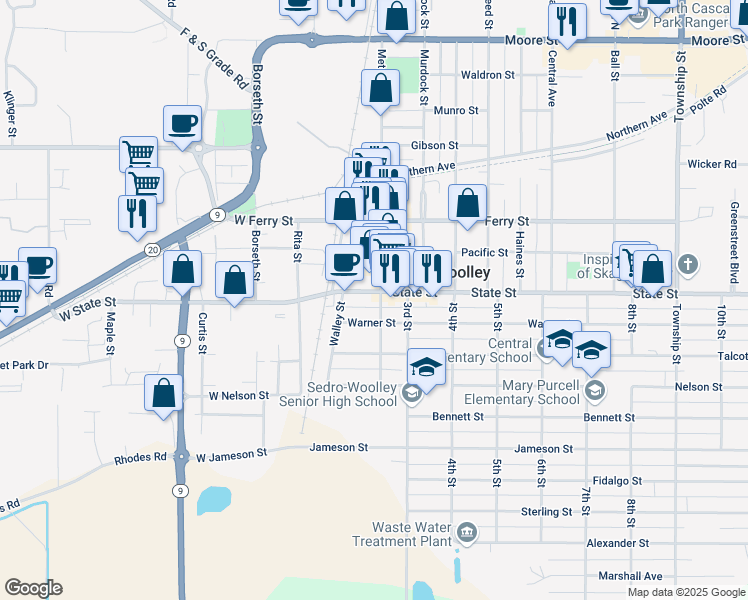 map of restaurants, bars, coffee shops, grocery stores, and more near 900 Metcalf Street in Sedro-Woolley