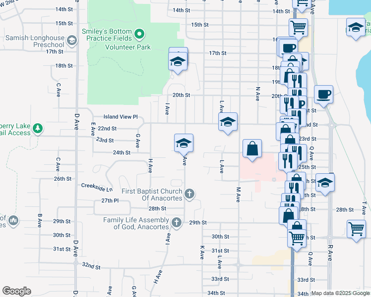 map of restaurants, bars, coffee shops, grocery stores, and more near 2501 J Avenue in Anacortes