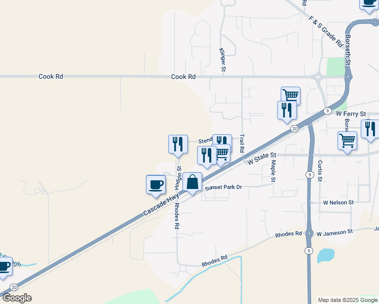 map of restaurants, bars, coffee shops, grocery stores, and more near 895 Hodgin St in Sedro-Woolley