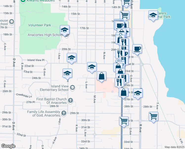 map of restaurants, bars, coffee shops, grocery stores, and more near 2202 M Avenue in Anacortes