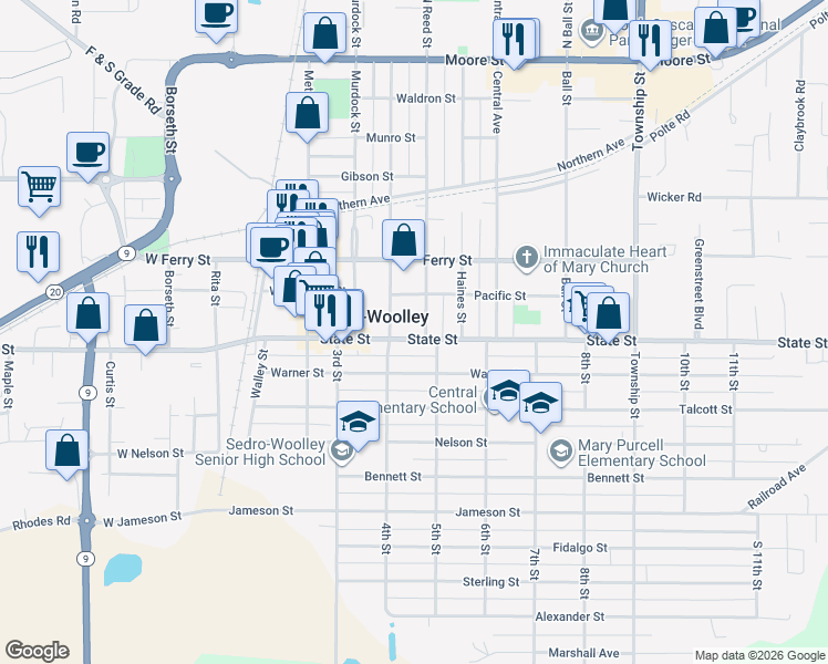 map of restaurants, bars, coffee shops, grocery stores, and more near in Sedro-Woolley