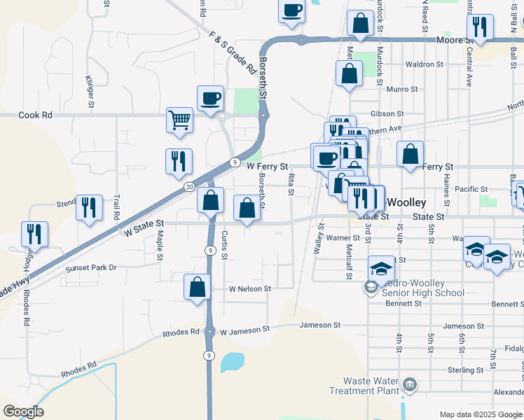 map of restaurants, bars, coffee shops, grocery stores, and more near Thompson Lane in Sedro-Woolley