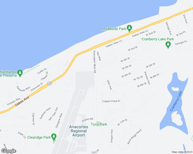 map of restaurants, bars, coffee shops, grocery stores, and more near 4018 West 5th Street in Anacortes