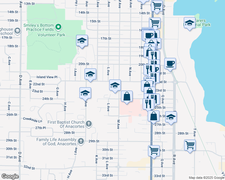 map of restaurants, bars, coffee shops, grocery stores, and more near 2202 M Avenue in Anacortes
