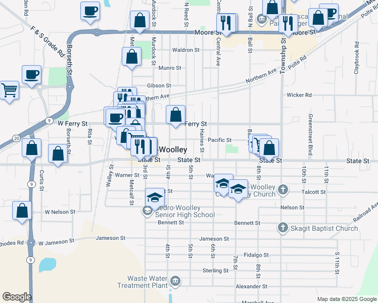 map of restaurants, bars, coffee shops, grocery stores, and more near 817 Reed Street in Sedro-Woolley