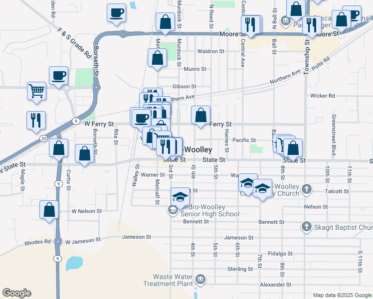 map of restaurants, bars, coffee shops, grocery stores, and more near in Sedro-Woolley