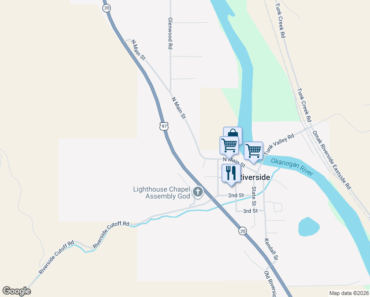 map of restaurants, bars, coffee shops, grocery stores, and more near 301 North Main Street in Riverside