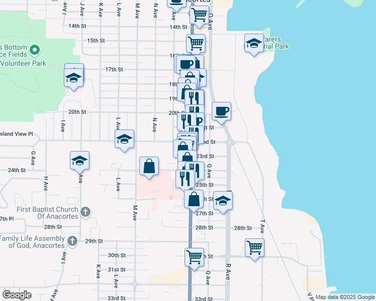 map of restaurants, bars, coffee shops, grocery stores, and more near 2216 Washington 20 Spur in Anacortes