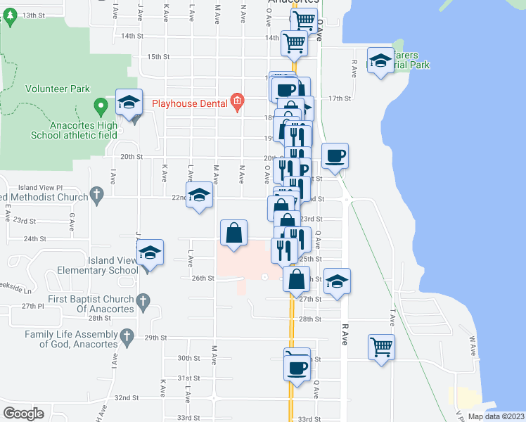 map of restaurants, bars, coffee shops, grocery stores, and more near 1019 22nd Street in Anacortes