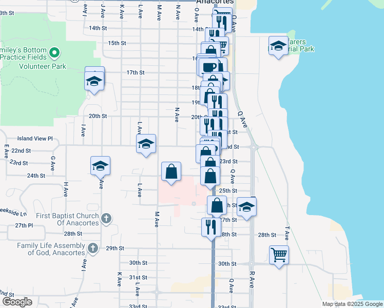 map of restaurants, bars, coffee shops, grocery stores, and more near 1019 22nd Street in Anacortes