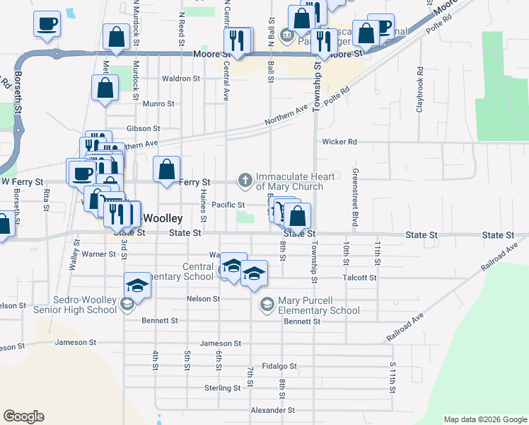 map of restaurants, bars, coffee shops, grocery stores, and more near 802 Ball Street in Sedro-Woolley