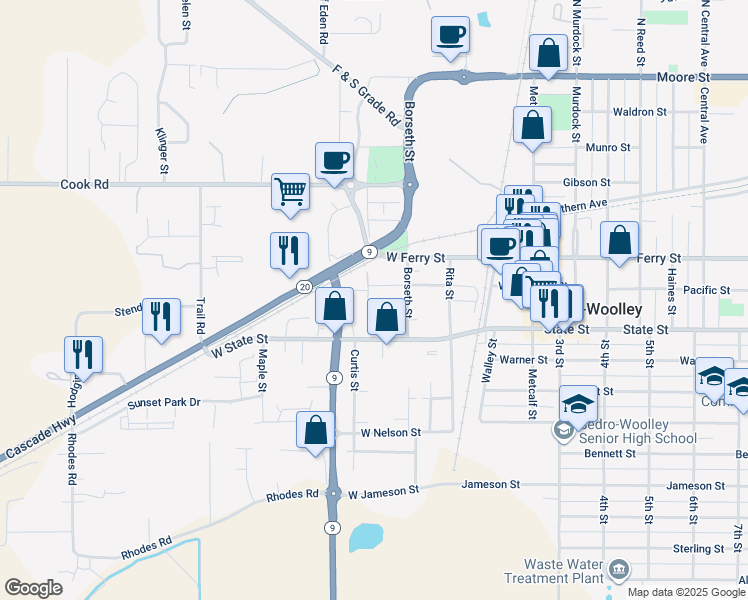 map of restaurants, bars, coffee shops, grocery stores, and more near 317 West Woodworth Street in Sedro-Woolley