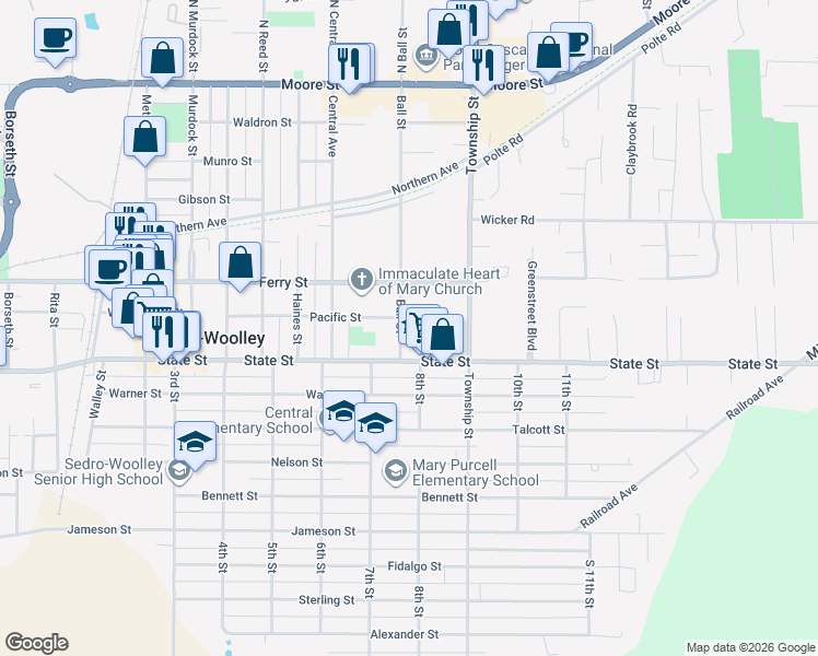 map of restaurants, bars, coffee shops, grocery stores, and more near 802 Ball Street in Sedro-Woolley