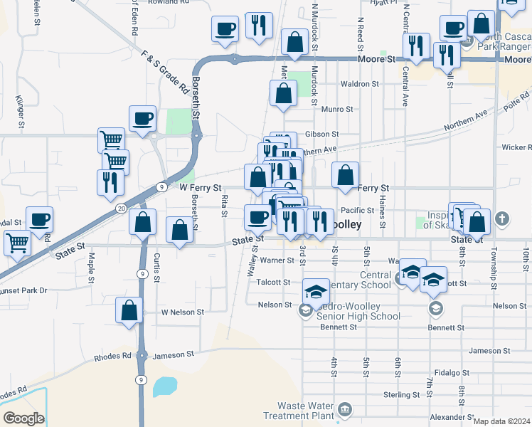 map of restaurants, bars, coffee shops, grocery stores, and more near 111 Woodworth Street in Sedro-Woolley