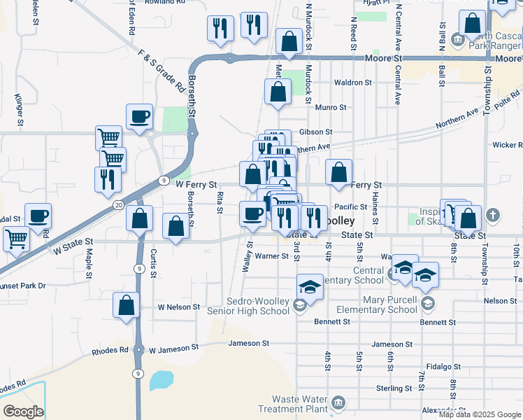 map of restaurants, bars, coffee shops, grocery stores, and more near 111 Woodworth Street in Sedro-Woolley