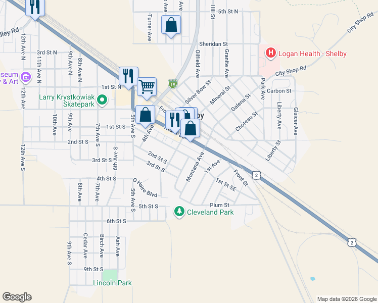 map of restaurants, bars, coffee shops, grocery stores, and more near in Shelby