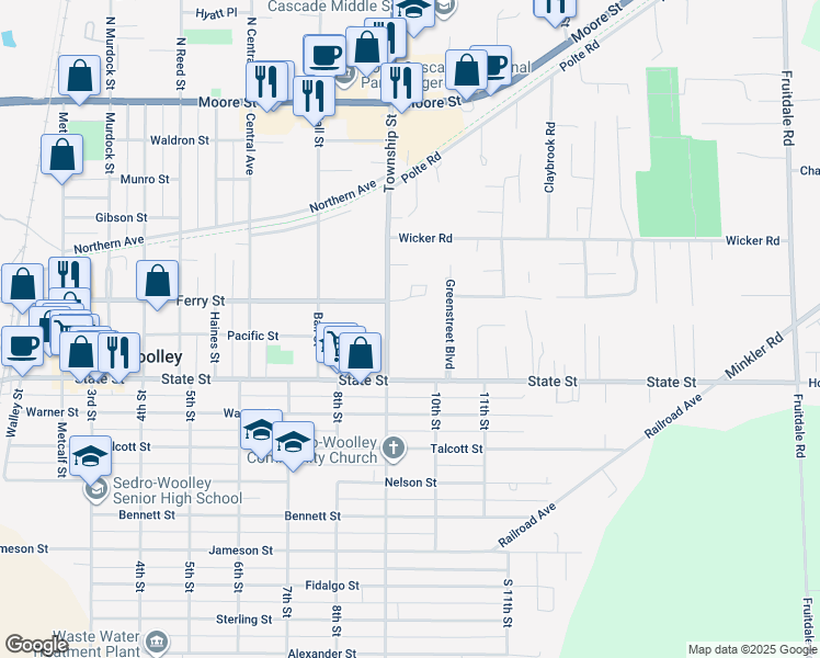 map of restaurants, bars, coffee shops, grocery stores, and more near 723 Township Street in Sedro-Woolley