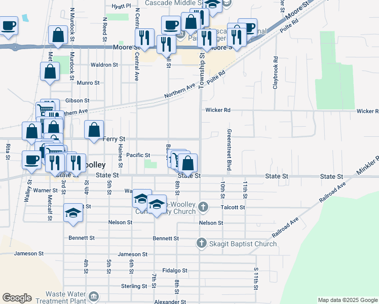 map of restaurants, bars, coffee shops, grocery stores, and more near 805 Pacific Street in Sedro-Woolley