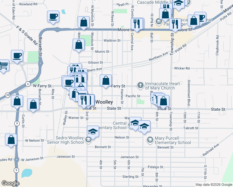 map of restaurants, bars, coffee shops, grocery stores, and more near 817 Reed Street in Sedro-Woolley