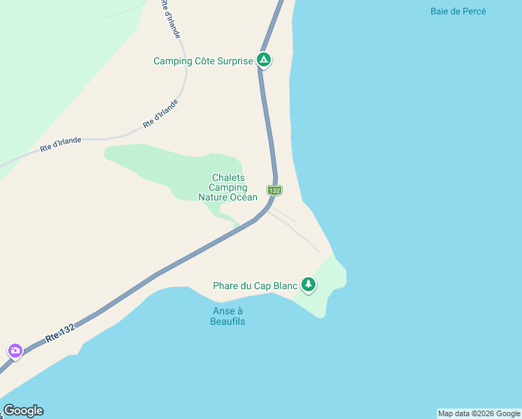 map of restaurants, bars, coffee shops, grocery stores, and more near 384 Québec 132 in Percé