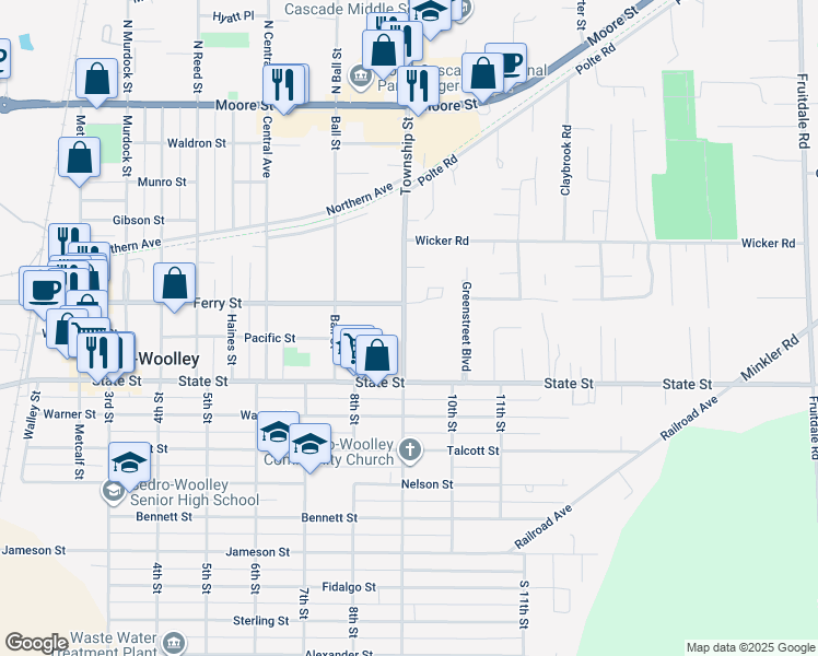 map of restaurants, bars, coffee shops, grocery stores, and more near 723 Township Street in Sedro-Woolley