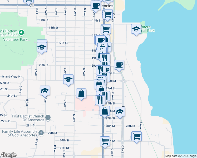 map of restaurants, bars, coffee shops, grocery stores, and more near 2216 Washington 20 Spur in Anacortes