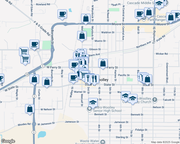 map of restaurants, bars, coffee shops, grocery stores, and more near in Sedro-Woolley