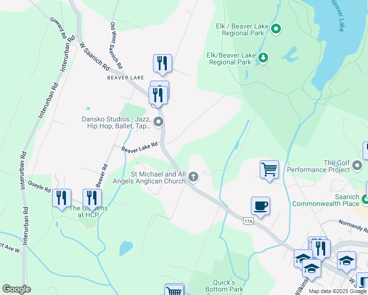 map of restaurants, bars, coffee shops, grocery stores, and more near 621 Beaver Lake Road in Victoria