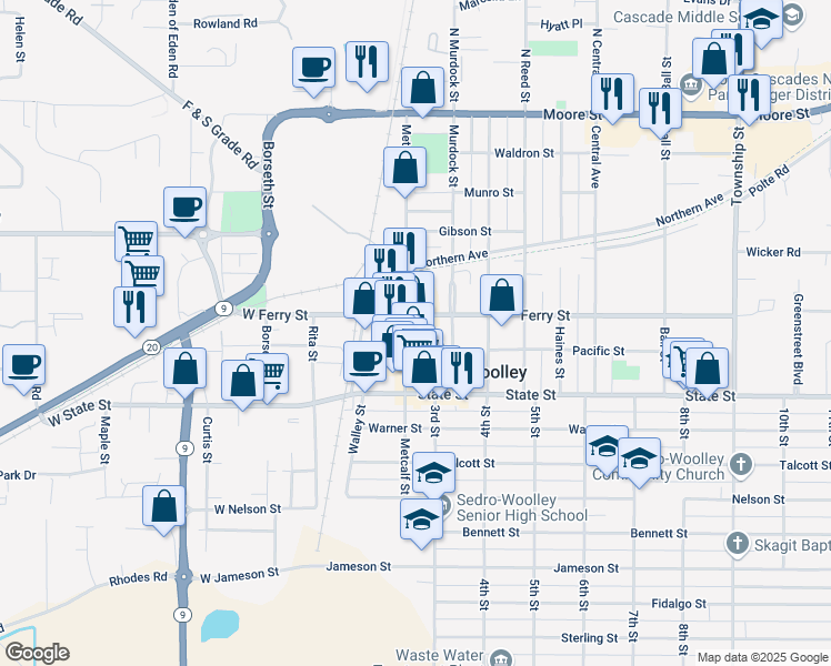 map of restaurants, bars, coffee shops, grocery stores, and more near 707 Metcalf Street in Sedro-Woolley