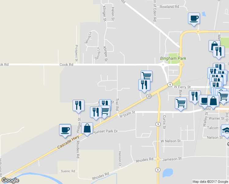 map of restaurants, bars, coffee shops, grocery stores, and more near 728 Trail Road in Sedro-Woolley