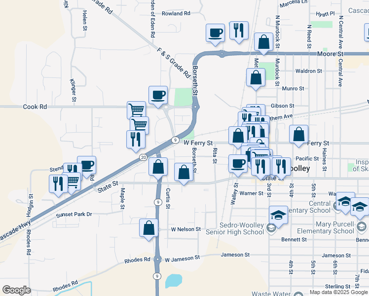 map of restaurants, bars, coffee shops, grocery stores, and more near 374 West Ferry Street in Sedro-Woolley