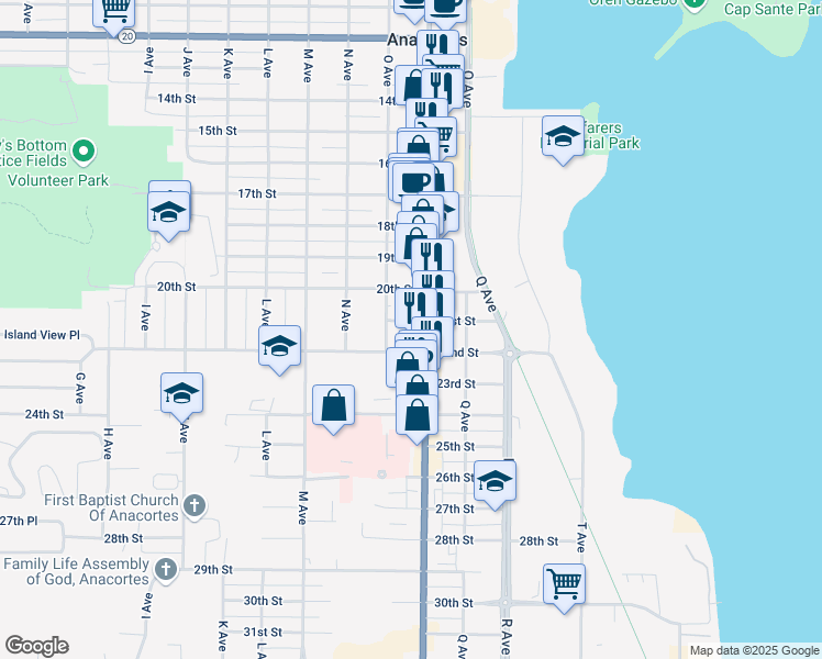 map of restaurants, bars, coffee shops, grocery stores, and more near 2022 Commercial Avenue in Anacortes