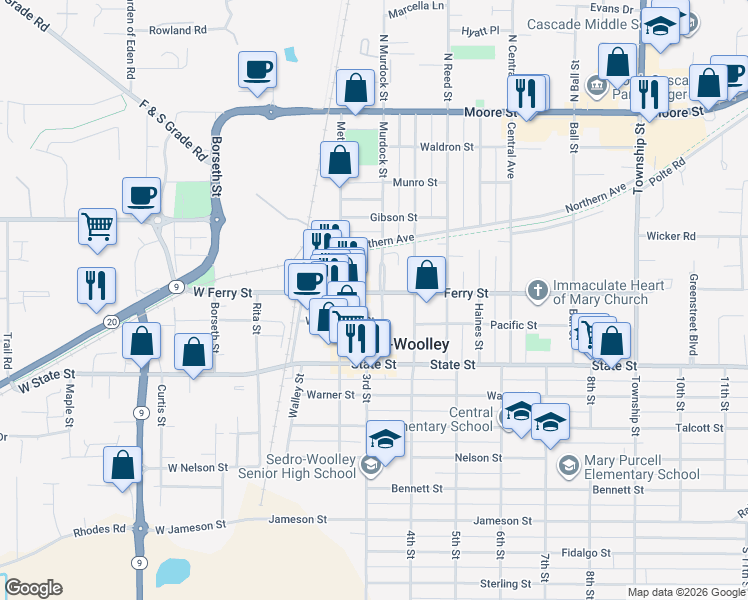 map of restaurants, bars, coffee shops, grocery stores, and more near in Sedro-Woolley