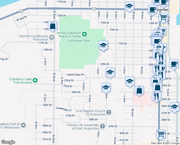map of restaurants, bars, coffee shops, grocery stores, and more near 2021 H Avenue in Anacortes