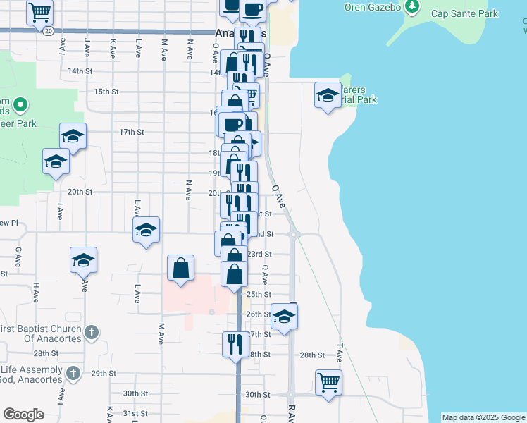 map of restaurants, bars, coffee shops, grocery stores, and more near 902 21st Street in Anacortes