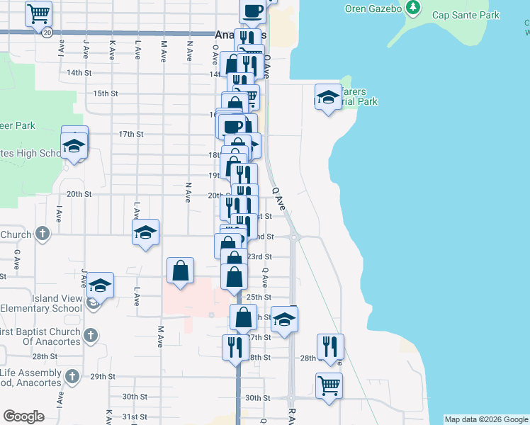map of restaurants, bars, coffee shops, grocery stores, and more near 902 21st Street in Anacortes